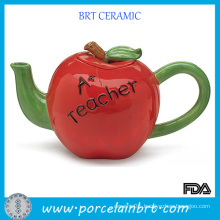 Red Body Green Handle Ceramic Apple Teapot